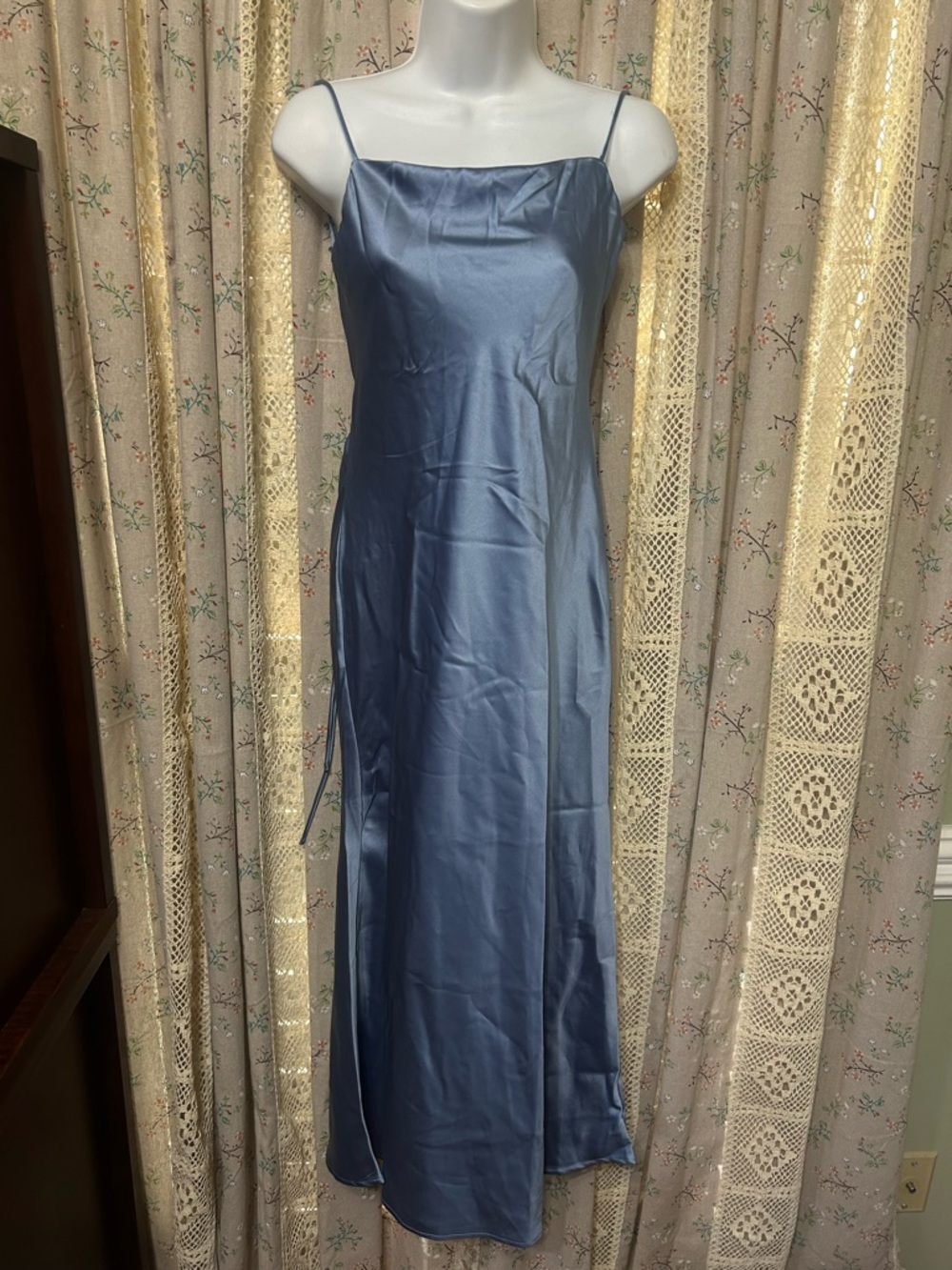 Hello Molly Blue Satin Slip Dress Open Back Tie Midi NWT Size S